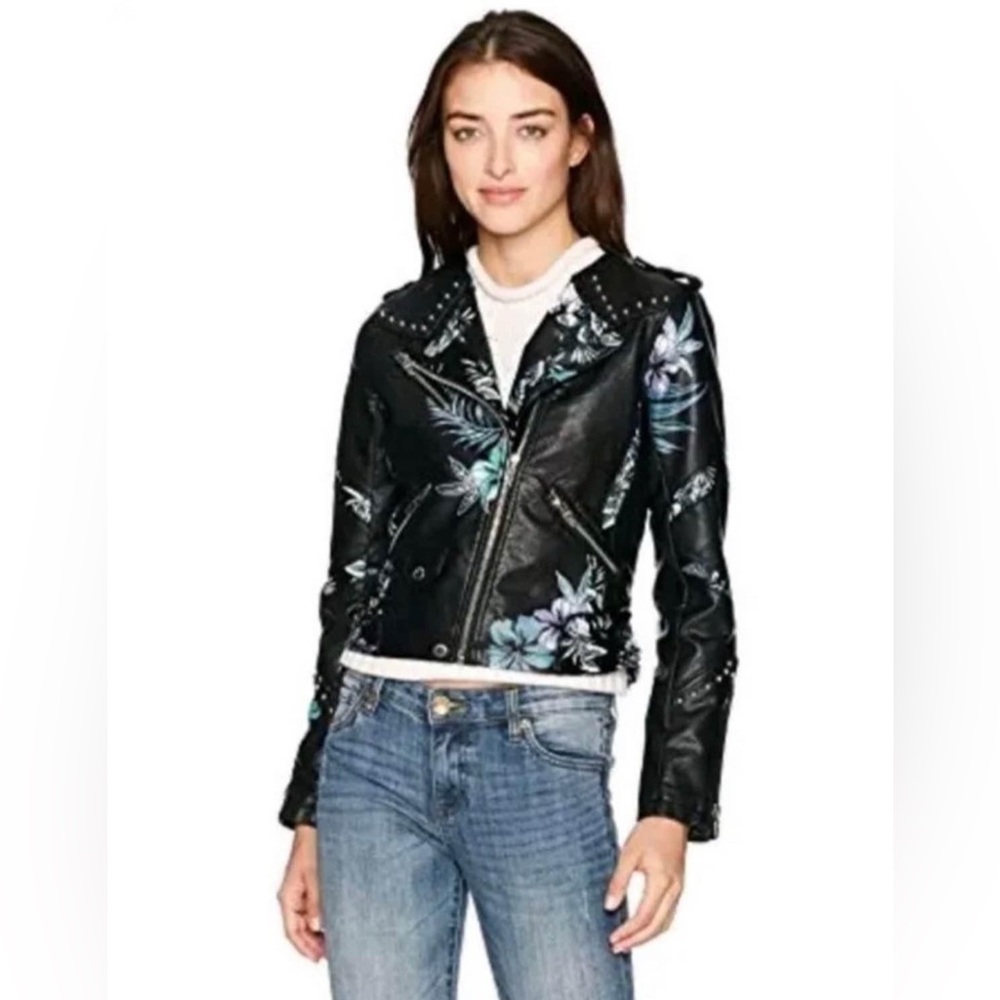 Blanknyc Women X-Small BlK Floral Print Faux Vegan Leather Motorcycle Jacket NEW